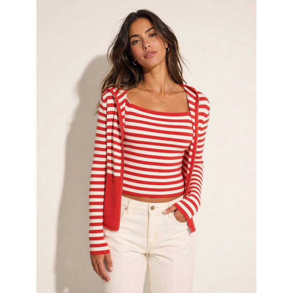 Vintage August Silk Striped Fitted Knit Set Hoodie + Top M Y2K Preppy Coastal